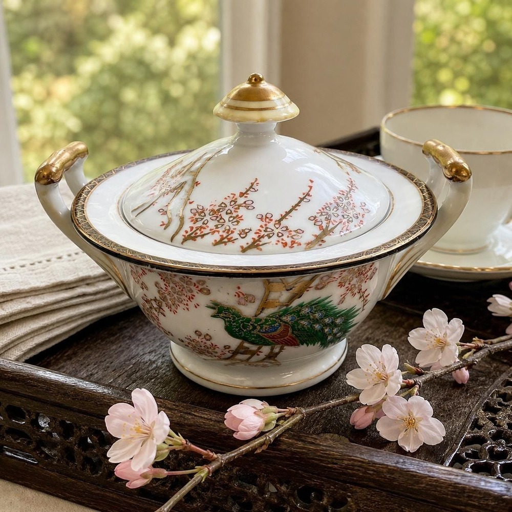 VTG 50s Peacock Sugar Bowl Cherry Blossom Kutani Satsuma Porcelain Japanese Gold